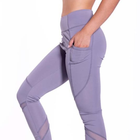 High-Waisted & Mash Panel Gym and Yoga Leggings with Side Pockets Royal Grey - Picture 4 of 7